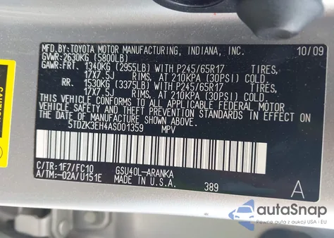 2010 Toyota Highlander Base V6 from USA, damaged, VIN 5TDZK3EH4AS001359